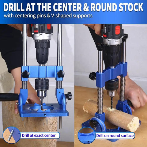 Knockout Accuracy Portable Drill Guide And Angle Drill Jig For Perfectly Straight Holes Every Single Time shown with V-shaped supports.