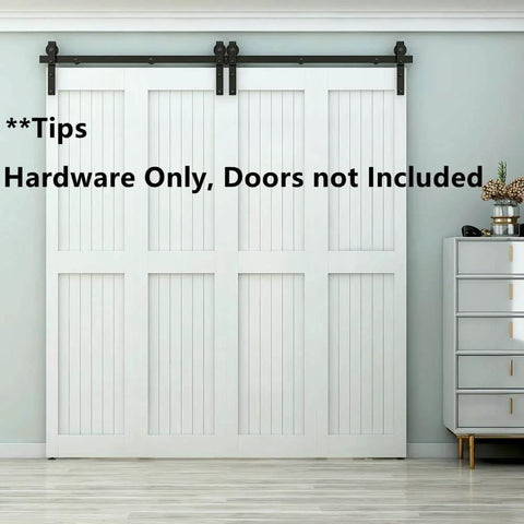 Heavy Duty Bi Folding Barn Door Hardware Kit For Double Doors installed on white barn doors, matte black track system.