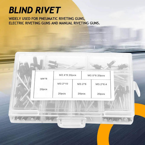 Pro Grade Aluminum Blind Rivet Kit With Storage Case 120 Pieces In Six Sizes visible with labeled compartments