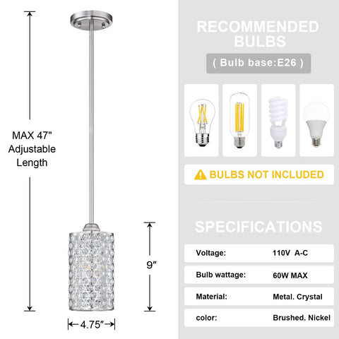 Diagram of 2 Pack Crystal Pendant Lights For Kitchen Island And Bar Dope Brushed Bronze Finish with specifications and bulb details.