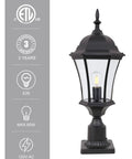 Outdoor Post Light Fixture With Pier Mount, 20-Inch Matte Black Lantern with clear seeded glass, 6-sided for yards and driveways