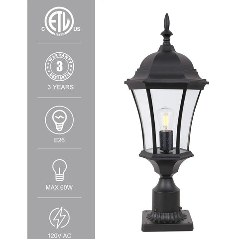 Outdoor Post Light Fixture With Pier Mount, 20-Inch Matte Black Lantern with clear seeded glass, 6-sided for yards and driveways