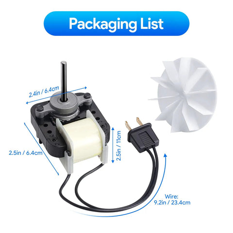Bathroom Vent Fan Motor And Blower Wheel Replacement Kit with dimensions and power cord shown