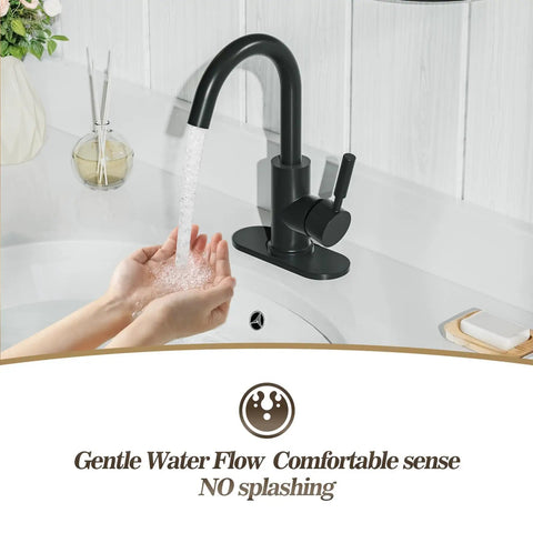 Single Hole Matte Black High Arc Stainless Steel Faucet For Kitchen Sink Bar Sink And Bathroom Sink With 4 Inch Deck Plate And Supply Hoses No Fuss Install 360 Degree Swivel Durable Finish showcasing gentle water flow with hands underneath.
