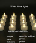 Flameless LED Tea Lights 50 Pack With 200 Hour Battery Realistic Flicker Warm White Glow Battery Operated Candles For Halloween Weddings Parties Seasonal Decor And Ambience, arranged in rows on a dark surface.
