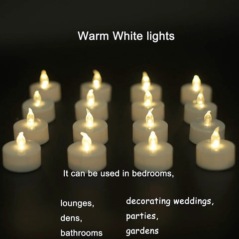 Flameless LED Tea Lights 50 Pack With 200 Hour Battery Realistic Flicker Warm White Glow Battery Operated Candles For Halloween Weddings Parties Seasonal Decor And Ambience, arranged in rows on a dark surface.