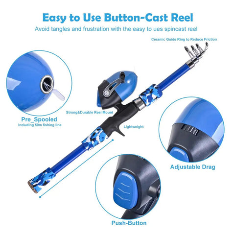 Close-up of blue telescopic pole from Portable Kids Fishing Rod Set 2 Pack Telescopic Poles With Rod And Reel Combos All In One Kit