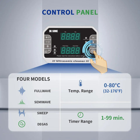 Control panel of the Heavy Duty Ultrasonic Cleaner featuring settings for temperature range 0-80°C and timer settings.