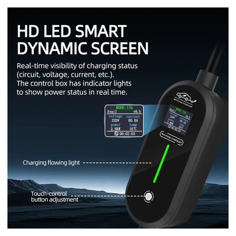 Top Shelf Heavy Duty Portable Ev Charger With Five Meter Cable Type 2 Iec 62196 Connector with HD LED smart dynamic screen for charging status.