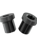 Two black knurled metal thread adapters, 1/2-28 to 3/4-16, with external bottom threads and internal top threads