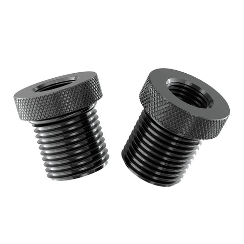 Two black knurled metal thread adapters, 1/2-28 to 3/4-16, with external bottom threads and internal top threads