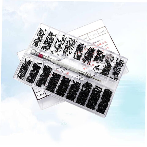 Miniature Screw Set Kit For DIY Repairs And Pros, carbon steel screws assortment in clear case with screwdriver, top view.