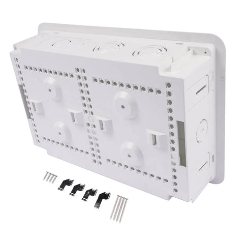 9 Inch In Wall TV Cable Management Box For Hidden Wires And Media Storage, shown with installation hardware, white color