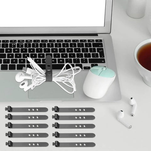 Heavy Duty Reusable Cable Ties And Premium Wire Organizer Straps For Instant Cord Sorting on a desk with keyboard and mouse.