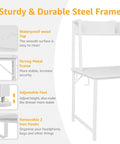 Infographic detailing features of the White Computer Desk with Hutch and Drawers 47 Inch Space Saving Modern Study Writing Desk.