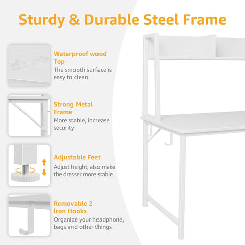 Infographic detailing features of the White Computer Desk with Hutch and Drawers 47 Inch Space Saving Modern Study Writing Desk.
