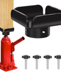 Heavy Duty 10 Ton Bottle Jack To Post Adapter With Centering Pin For 4x4 Wood Beams, black steel adapter and red jack with screws.