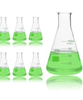 500 Milliliter Narrow Mouth Borosilicate Glass Grade 3 Point 3 Erlenmeyer Flask Set Six Pack Conical Lab Flasks With Printed Graduation For Lab Use Heavy Duty Glassware, six 500 mL flasks shown with green liquid
