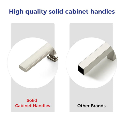 Comparison of 10 Pack 5 Inch Brushed Nickel Cabinet Pulls and other brands, highlighting solid metal construction and smooth finish.