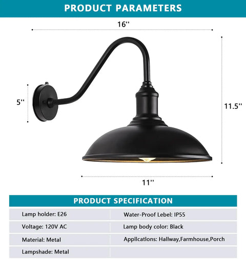 Small Gooseneck Barn Light Outdoor Wall Sconce With Industrial Vintage Charm for Front Door Porch Patio and Living Spaces, metal fixture with black design and LED bulbs, wall-mounted