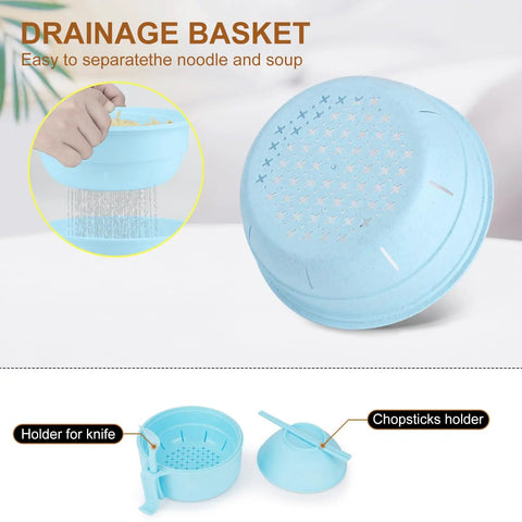Two Pack Microwave Ramen Bowl Set With Chopsticks And Spoon, 32 Ounce Ramen Cooker drainage basket, blue, noodle straining
