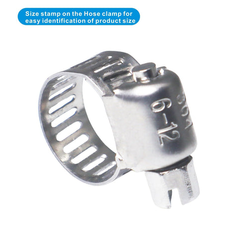 Close-up of 66-Piece Adjustable Stainless Steel Hose Clamp Set with 1/4 to 1-1/2 Inch Range Worm Gear Clamps, size 6-12 mm