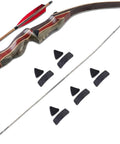 Five Pairs Traditional Recurve Bow Hair Arrow Rests Pre Cut Leather Shelf Pads With Triangle Plates For Killer Silent No Scrape Stealth Draws Super Smooth Frictionless Arrow Flight Perfect For Longbow Hunting And Barebow Practice displayed next to recurve bow and arrow.