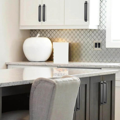 Installed Modern Matte Black Cabinet Pull Handle With Backplate Featuring Grooved Texture And Non Slip Grip for kitchen cabinets