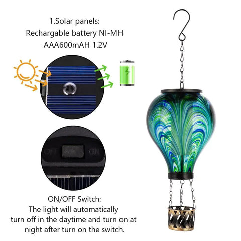 Lit Hot Air Balloon Solar Lantern With Flickering Flame Light, Tie Dye Glass Outdoor Lamp, solar panel and battery details shown