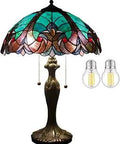 Tiffany Style Stained Glass Table Lamp 16x16x24 Inches With Green Bronze Metal Base Teal Purple Glass Cozy Glow Bedside Desk Light