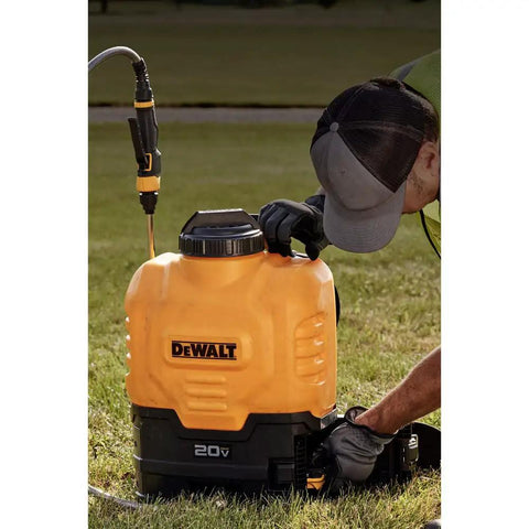 Man using 20V Max 4 Gallon Lithium Ion Cordless Backpack Sprayer Kit With 2Ah Battery, Heavy Duty Hose, Variflo Flow Control