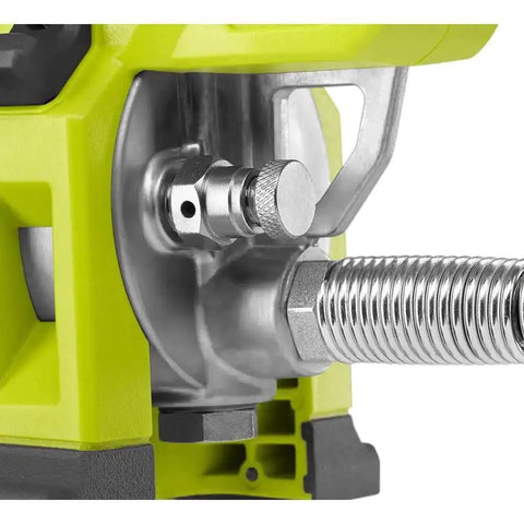 Close-up of Cordless Grease Gun Kit With 2.0Ah Battery And Charger, showing a metal valve and coiled hose part.