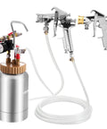 Badass Paint Pressure Pot With 2 Liter Tank And Dual Spray Guns Plus Long Hoses For Slick Smooth Finishes On Cars Furniture And Fences Up to 45 Psi Compressor Not Included, showing aluminum tank and dual spray guns.