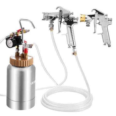 Badass Paint Pressure Pot With 2 Liter Tank And Dual Spray Guns Plus Long Hoses For Slick Smooth Finishes On Cars Furniture And Fences Up to 45 Psi Compressor Not Included, showing aluminum tank and dual spray guns.