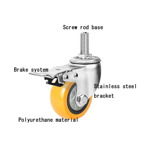 Badass Heavy Duty Workhorse Swivel Casters Kit Of Four With Bulletproof Polyurethane Wheels M12x30mm Threaded Stem close-up of brake system and stainless steel bracket