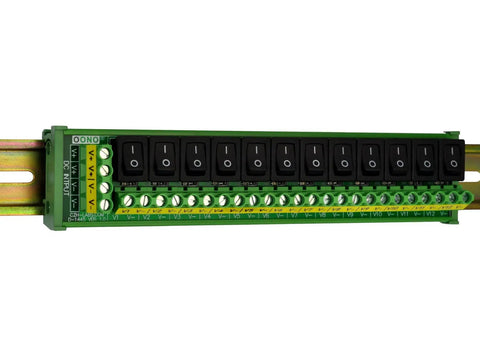 Din Rail Mount 12 Channel Rocker Switch DC Power Distribution Strip Module A Workhorse Power Board for Industrial Control Panels 0 To 50V Operation Max 30A Total Input 12 Channels Each Up To 10A