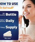 Woman holding Lithium Orotate 20mg Mood Support Supplement capsule with a glass of water; daily wellness instructions displayed.