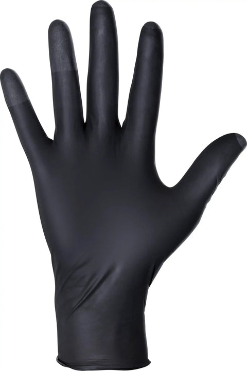Top Shelf Black Nitrile Disposable Gloves Powder Free Latex Free With Textured Grip And Compression Fit Xl 7 Mil Heft Built Badass For Auto Detailing Paint Jobs Garage Grind And Food Service Shifts Sealed In A Box Of One Hundred - XL nitrile glove displayed with fingers extended.
