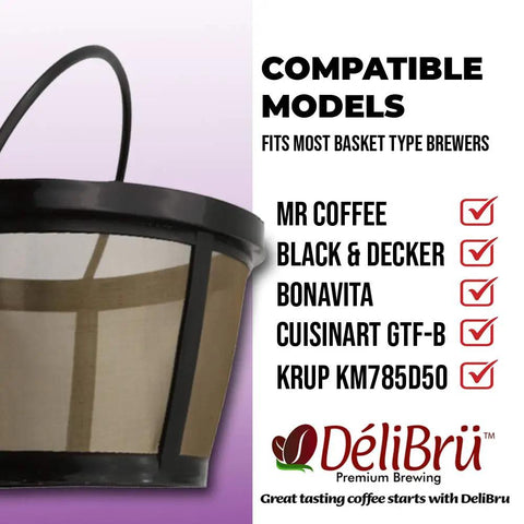 Gold Toned Reusable Coffee Filter Basket For 8 To 12 Cup Brewers Permanent Cone Style That Replaces Paper Filters No Mess