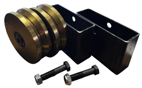 Bulletproof 6 Inch Chrome V Groove Wheels With Box Mount Rock Solid Five Eighth Axle Compatible Track Rollers 3000 LB Payload assembled with black housing and bolts.