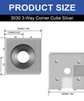 Heavy Duty 3030 T Slot Aluminum Extrusion 3 Way Corner Cube Kit dimensions showing silver color and measurements.