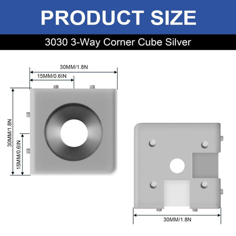 Heavy Duty 3030 T Slot Aluminum Extrusion 3 Way Corner Cube Kit dimensions showing silver color and measurements.