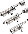 Heavy Duty Stainless Steel Barrel Bolt Latch Built Tough Silver Slide Lock for Outdoor Patio Gates with various sizes.