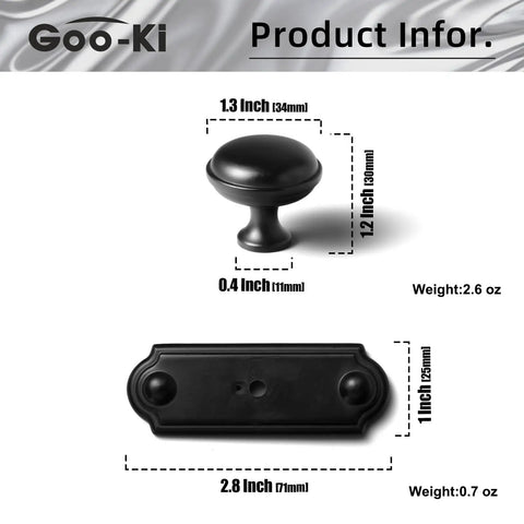 Killer 6-Pack Matte Black Cabinet Knobs With Backplates Solid Zinc Alloy Single Hole Drawer Pulls For Kitchen Cabinets And Dressers Hella Sweet Modern Hardware With Spacers Included, showing knob dimensions and weight.
