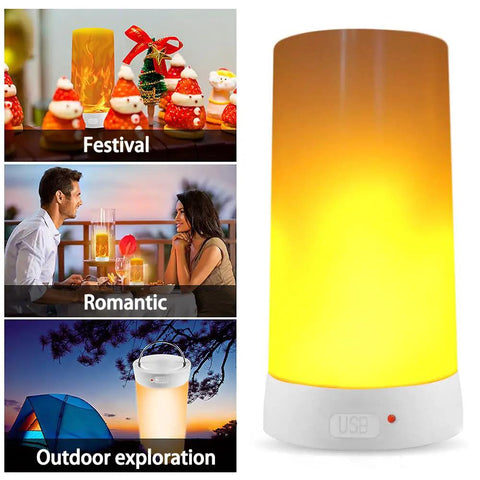 Rechargeable LED Flame Effect Light with Four Modes, USB port, glowing in festive, romantic, and outdoor settings.