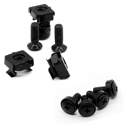 M5x16mm Rack Screws And Cage Nuts With Fender Washers Black Metric Server Mounting Hardware Kit showing black screws and cage nuts.