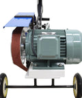 Yokoma Hand Push Sand Belt Machine For Weld Grinding showing motor and sanding belt, portable design with wheels for easy mobility.