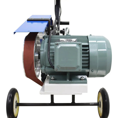 Yokoma Hand Push Sand Belt Machine For Weld Grinding showing motor and sanding belt, portable design with wheels for easy mobility.