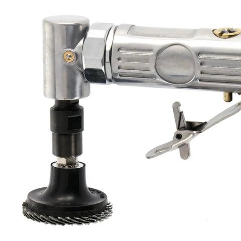 Built Tough Pneumatic Angle Die Grinder With A 90 Degree Head That Pulls 25000 Rpm On A Quarter Inch Chuck For Swift Metal Work And Heavy Duty Grinding Jobs Around Your Garage Or Workspace, featuring a brush head.