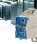 Top Shelf Heavy Duty 125A Din Rail Terminal Block For Cabinet Wiring Projects displayed in a server room with clear sight window.